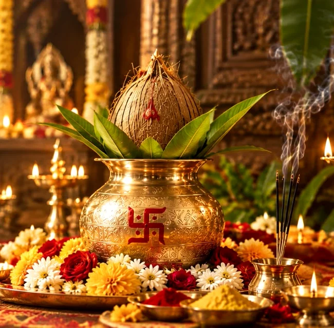 Brass kalasha with coconut, flowers and lit lamps for a traditional puja